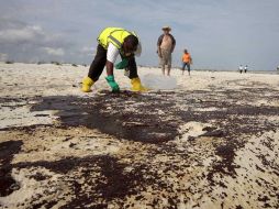 Un empleado de British Petroleum recoge crudo en Pensacola Beach ante la mirada de bañistas. AP  /