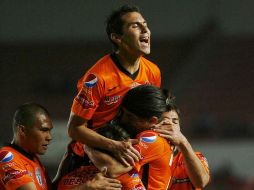 Damian Manso de Pachuca, celebra su anotación durante el juego de hoy frente a Necaxa. MEXSPORT  /