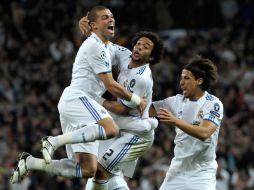 Marcelo celebra su gol, el primero que da ventaja al Real Madrid sobre el Olympique de Lyon. AP  /