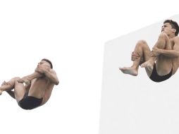 Los tapatíos Iván García y Germán Sánchez ejecutan uno de sus clavados desde la plataforma de 10 metros. MEXSPORT  /