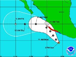 Trayectoria esperada para 'Beatriz' en los próximos cinco días, según el centro estadounidense de huracanes. ESPECIAL  /