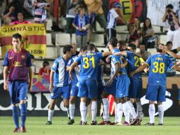 Los jugadores del RCD Espanyol, celebran el segundo gol del equipo 'periquito', durante el encuentro. EFE  /