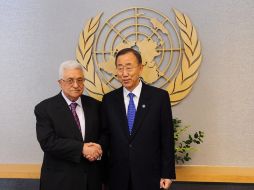 El presidente de Palestina Mahmoud Abbas y el secretario de la ONU, Ban ki moon se encontraron en horas de la mañana en Nueva York. EFE  /