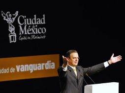 Ebrard durante el mensaje que ofreció en el Palacio Nacional con motivo de su Quinto Informe de Gobierno. EFE  /