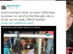 Mediante su cuenta de Twitter, el cantante canadiense pidió ayuda para la búsqueda de su fan. ESPECIAL  /