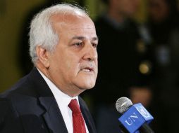 El representante palestino en Naciones Unidas, Riyad Mansour, durante la rueda de prensa. EFE  /