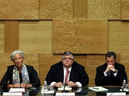Christine Lagarde, acompañada por gobernador del Banxico, Agustín Carstens y el secretario de Hacienda, José Antonio Meade. NOTIMEX  /