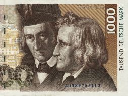 Papel moneda de mil marcos alemanes emitido en 1992 con la efigie de los hermanos Grimm. ESPECIAL  /