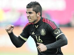 Miguel Ponce celebra su segunda anotación a los senegaleses, en el partido amistoso disputado en San Francisco, California. MEXSPORT  /