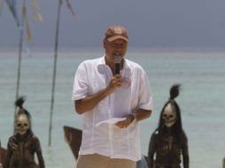 Francisco Marrón, director ejecutivo de Xcaret, dando al bienvenida durante el recorrido Travesía Sagrada Maya. NOTIMEX  /