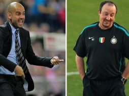 Combinado de fotos de los estrategas españoles Josep Guardiola (i), y Rafael Benítez (d). AFP  /