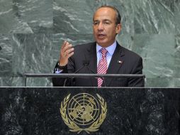 El Presidente Felipe Calderón da un discurso ante la Asamblea General de la ONU. EFE  /