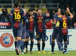 Doblete de Messi (c) ayudó a que los azulgranas derrotaran con facilidad al Spartak Moscú. AFP  /