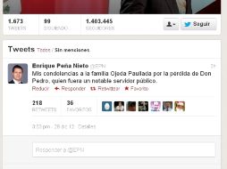 El presidente Peña Nieto mandó sus condolencia a la familia Ojeda a través de Twitter. ESPECIAL  /