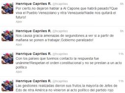 Capriles escribió su inconformidad a través de su cuenta en Twitter . ESPECIAL @hcapriles  /