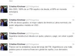 Kirchner publicó su opinión en torno al FMI a través de su cuenta en Twitter. TOMADA DE @CFKArgentina  /