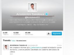 Aristóteles Sandoval hizo el anuncio en su cuenta de Twitter ESPECIAL /