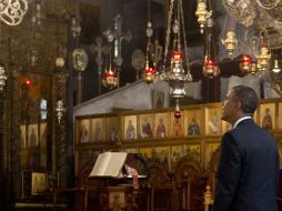 El presidente de EU, Barack Obama visita la Basílica de la Natividad de Belén, lugar en el que se cree nació Jesús. AFP /