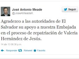 José Antonio Meade agradece a las autoridades de El Salvador por su colaboración en el caso. TOMADA DE @JoseAMeadeK  /