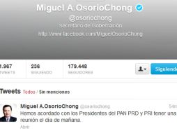 Osorio Chong da la información por medio de Twitter. ESPECIAL /