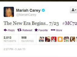 La diva hace el anuncio del estreno en Twitter: ''Comienza la nueva era... 723 #MC723''. ESPECIAL /