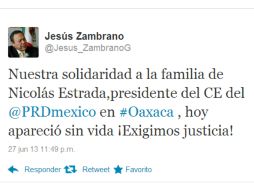 Jesús Zambrano pide que se haga justicia mediante un mensaje en Twitter. @Jesus_ZambranoG  /