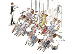 Una de las 48 viñetas muestra un nutrido grupo de personas ansiosas de rayos solares en la terraza de un bar. EFE /