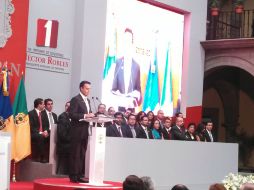 El alcalde Héctor Robles, durante su Primer Informe de Gobierno realizado esta mañana.  /