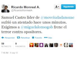 Ricardo Monreal exige justicia a través de Twitter por el atentado contra Samuel Castro. TOMADA DE @RicardoMonrealA  /