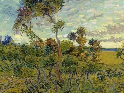''Atardecer en Montmajour'' presenta un paisaje con árboles, arbustos y el cielo, todo con el característico trazo grueso de Van Gogh. ESPECIAL /