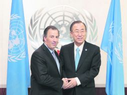 José Antonio Meade, secretario mexicano de Relaciones Exteriores,  y Ban Ki-Moon, secretario general de la ONU. NTX /