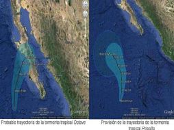 Imagen de la posible trayectoria de 'Octave' y 'Priscilla'. ESPECIAL /