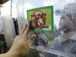 Un activista pega una calcomanía contra el maltrato de los animales en el escudo de un policía. AP /