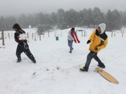 Tres jóvenes juegan con la nieve.  /