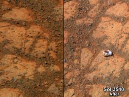 Imagen de las fotografías tomadas por la sonda Opportunity, del antes (i) y después (d) del sitio donde apareció la roca. AP /