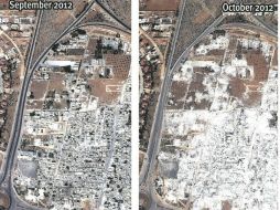 Imágenes del barrio de Masha al-Arb, correspondientes al 28 de septiembre y 13 de octubre de 2012, muestran la destrucción de casas. EFE /