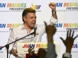 Juan Manuel Santos ofrece un discurso durante el lanzamiento de su nueva campaña presidencial. AFP /