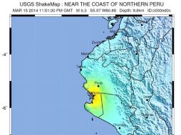 La imagen proporcionada por el IGP muestra la ubicación y la intensidad del sismo ocurrido a cercanías de Sechura, Perú. EFE /