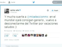 Carlos escribió esto en la red social, su mensaje tuvo más de dos mil retuits. Twitter: @11CarlosV. ESPECIAL /