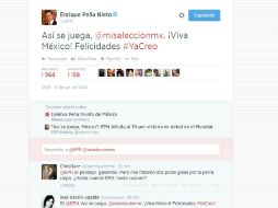 De esta forma el primer Mandatario se expresó luego de la victoria del Tri. Twitter: @EPN. ESPECIAL /