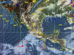 El sistema está localizado aproximadamente a mil 20 kilómetros al suroeste de Manzanillo, Colima. TOMADA DE @conagua_clima  /