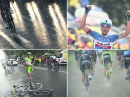 Navardauskas al momento de cruzar la línea de meta (arriba a la derecha). El resto de las fotos ilustran las condiciones de la jornada. AFP /