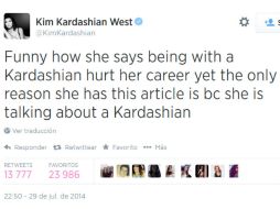 'Me parece gracioso que diga que haber salido con un Kardashian dañó su carrera', publica Kim. ESPECIAL /