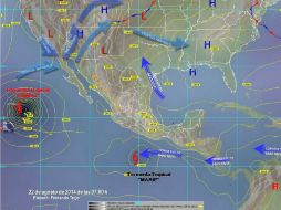 Imagen interpretada de la Conagua que muestra la posición de la tormenta tropical ''Marie'' en el Pacífico mexicano. ESPECIAL /