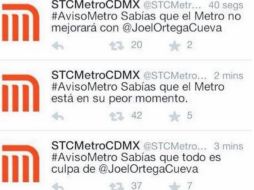 Imagen de algunos de los tuits que se publicaron en la cuenta del Metro cuando fue hackeada. ESPECIAL  @STCMetroCDMX.  /