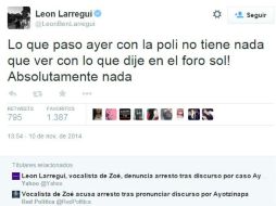El músico escribió que lo ocurrido no tenía nada que ver con el discurso. TWITTER / @LeonBenLarregui