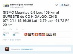 El SSN emitió en su cuenta de Twitter un reporte preliminar de la magnitud del sismo. TWITTER / @SismologicoMX