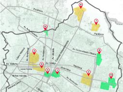 Los marcas verdes indican las obras que terminarán este año; las amarillas los pendientes que se delegarán al próximo gobierno. ESPECIAL / Ayuntamiento de Guadalajara