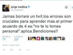 Medina explicó por qué, pese a ser objeto de las burlas, no borró el tuit de la polémica. TWITTER / @j_medina37