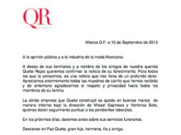 La firma QR Modelos informa a través de sus redes sociales del fallecimiento de la directora y fundadora de la empresa. TWITTER / @quetarojas